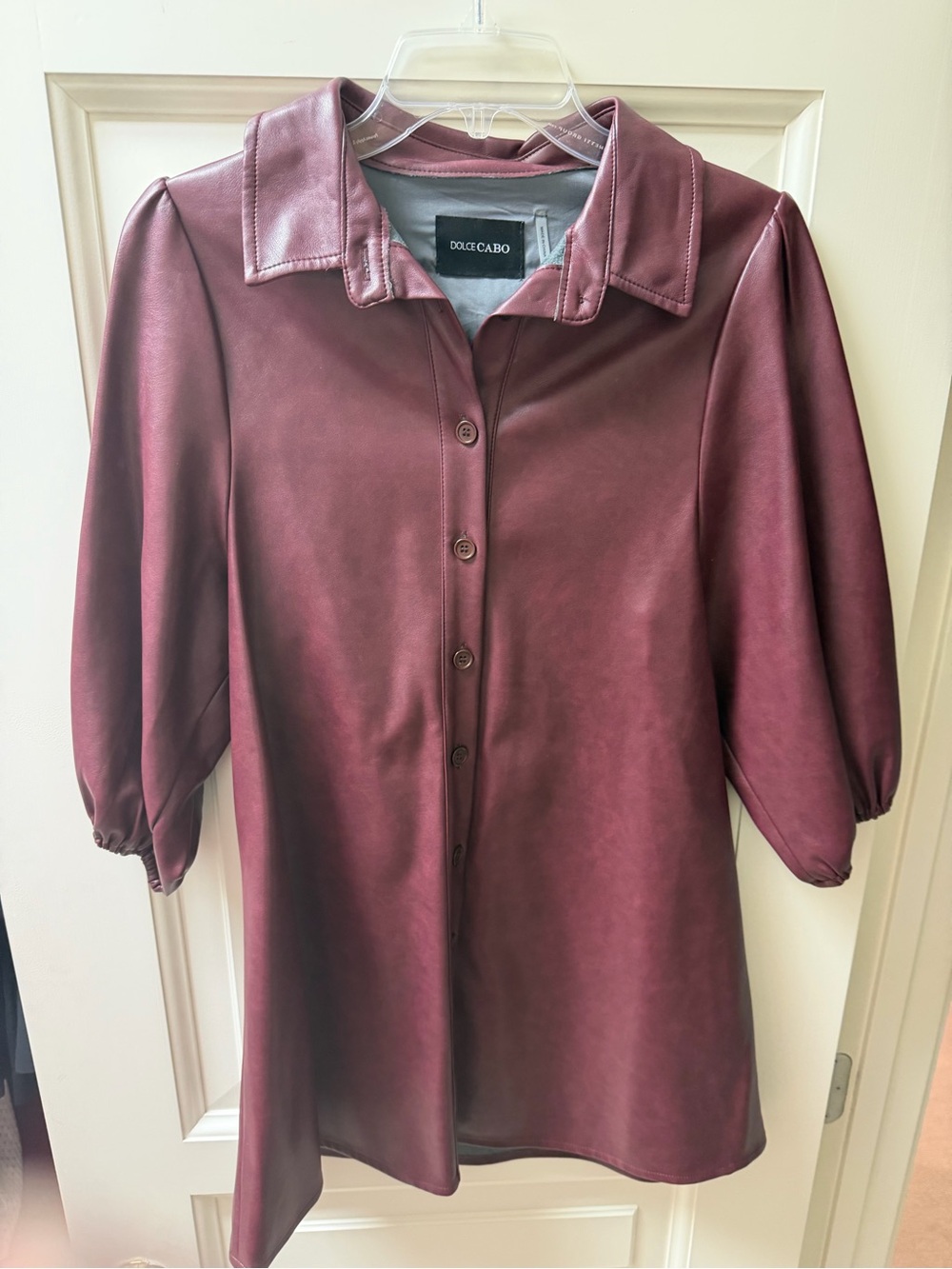 Dolce Cabo Burgundy Faux Leather Shirt Dress Puff Sleeve XS Worn Once